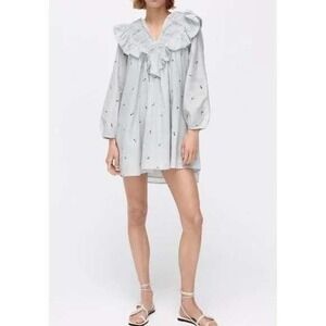 Zara Pastel Blue Daisy‎ Floral Embroidered Ruffle Neckline Cotton Mini Dress XL